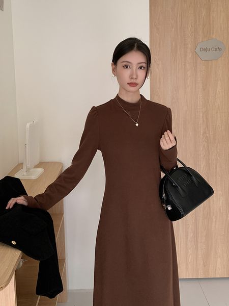 Winter Neue Hohe Taille Schlank Langarm Kleid Koreanische Einfache A-line Lange Rock