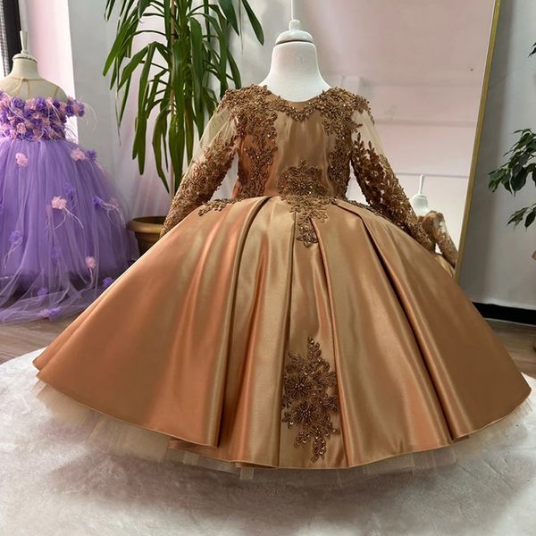 exquisite Gold Satin Ballkleid Blumenmädchenkleider für Hochzeit2024 Illusion Spitze Applikationen Perlen Party Erstkommunion Kleider