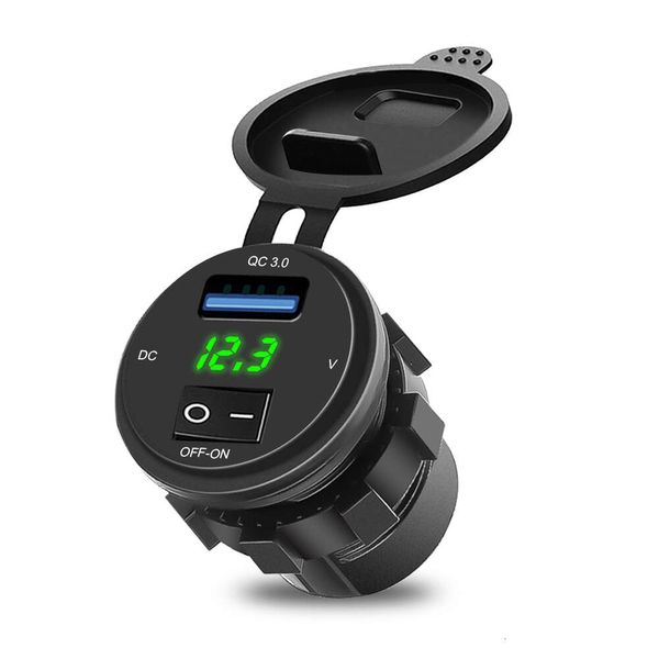 Nuovo 18W QC 3.0 USB Presa per caricabatteria da auto per telefono Display digitale Voltmetro Presa per caricabatterie USB con interruttore ON-OFF per moto