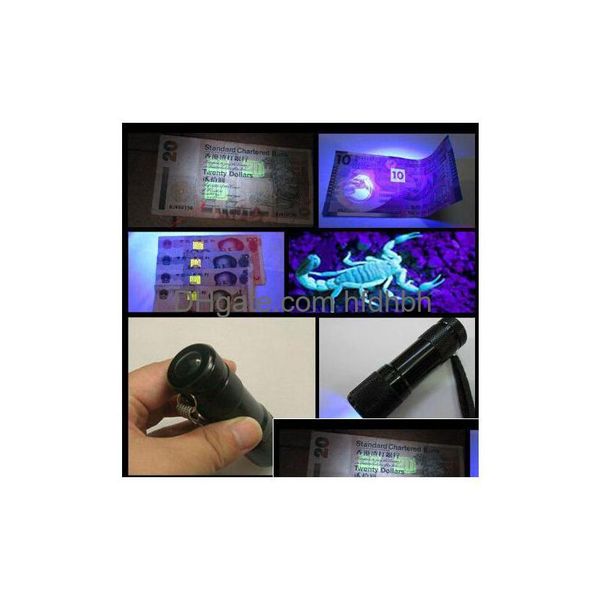 Outra iluminação LED 9led alumínio mini portátil uv tra violeta blacklight 9 lanterna tocha luz gota entrega luzes feriado dhso8