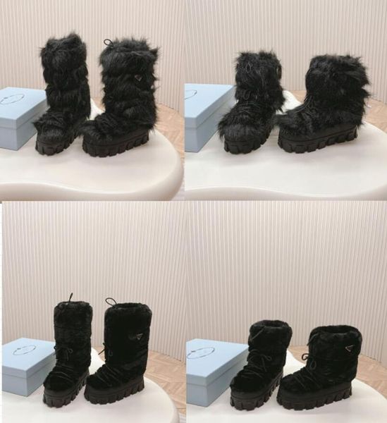 Kadınlar Shearling Apres Kayak Botları Çizme Kar Botu Çıkarılabilir Yastıklı Polar Astar Emaye Metal Üçgen Logo Sneaker Kutu