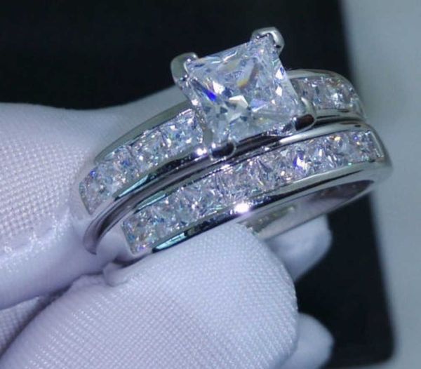 Luxo tamanho 5/6/7/8/9/10 joias 10kt ouro branco preenchido topázio corte princesa conjunto de anel de casamento de diamante simulado presente com