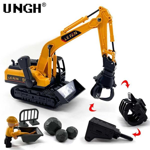 Diecast Model Cars UNGH 1 32 Simulação Diecast Crane Car Model com 3 Head Drill Escavadeira Caminhão Inercial Crianças Kid Boy Engenharia Veículo ToyL231114