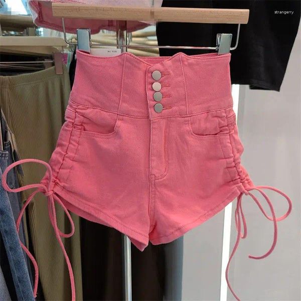 Saias rosa denim shorts 2023 vestido de verão estilo ocidental single-breasted cintura alta calças largas all-match solto a-line