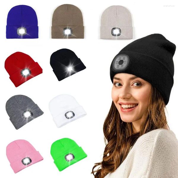 Береты ветрозащитная зимняя шапка USB перезаряжаемая светодиодная вязаная шапка для женщин теплая без полей с уличным освещением