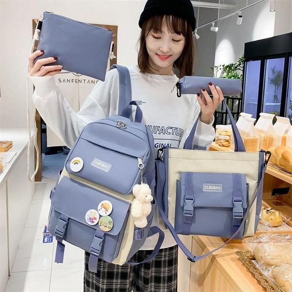 Bolsas escolares 4 PCs Conjunto Harajuku Women Laptop Backpack Canvas Para meninas adolescentes Kawaii College Student Kids Bag Rucksack 2021307H