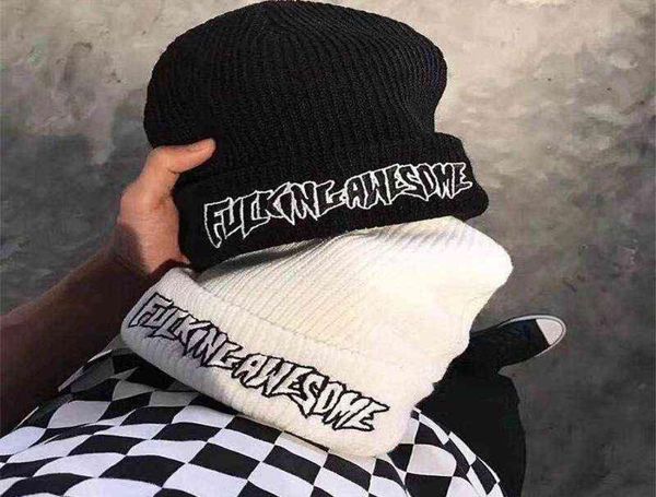 Fucking Awesome Gestrickte Beanies Hüte Männer Frauen Skullies Weiche Elastische Kappe Solide Sport Motorhaube Winter Warme Ski Hüte aufgrund Y211111953745