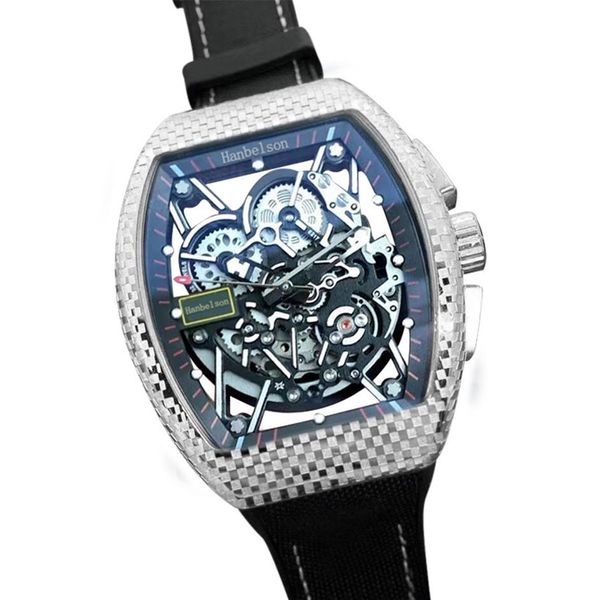 Toda a fibra de carbono Montre De Luxe Mens Relógios Relógios Movimento Automático Esqueleto Dial Tecido Tecido Strap Hanbelson227n