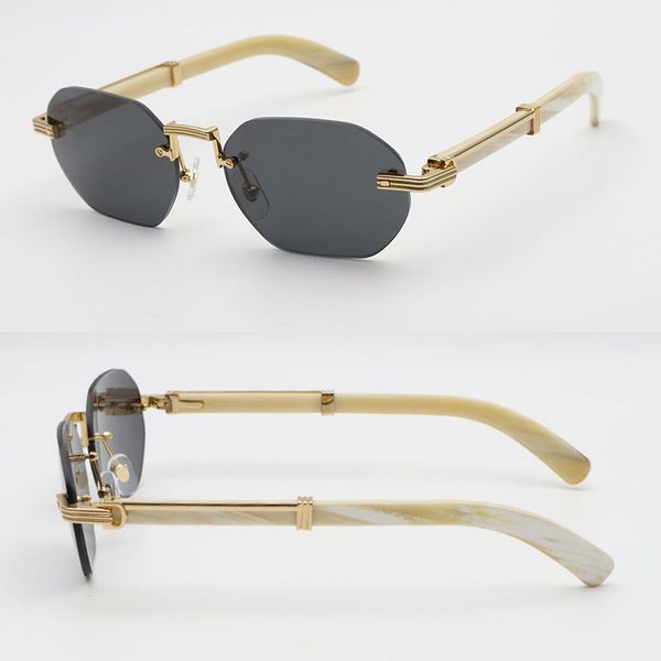 Luxuriöse randlose Herren-Sonnenbrille, große rechteckige Designer-Brille 0377, Original-Sonnenbrillengestell aus echtem Naturhorn in Weiß für Damen, Lentes de Sol, Größe 58–21–145 mm