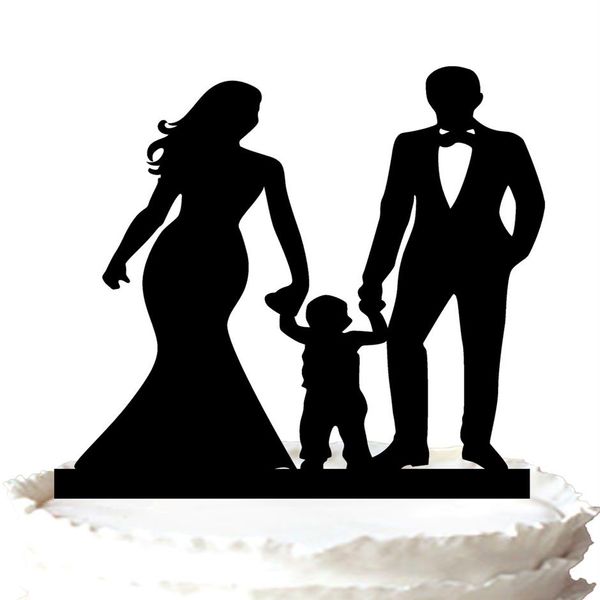 Topper per torta di famiglia - Mano della sposa e dello sposo con il loro simpatico figlio silhouette topper per torta nuziale 37 colori per l'opzione 266E