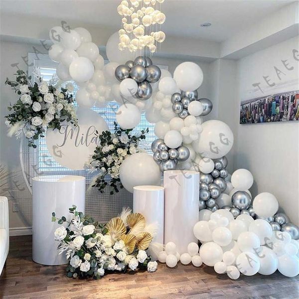 147 pçs branco cromo metálico prata balão guirlanda arco kit para aniversário festa de casamento decoração balões noiva chá de fraldas x072228n