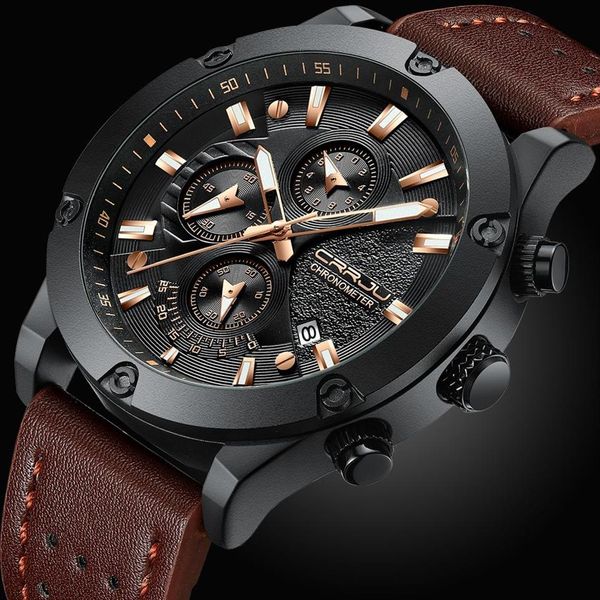 CRRJU Orologio da uomo di moda Nuovo design Cronografo Big Face Orologi da polso al quarzo Orologi da uomo in pelle sportiva all'aria aperta orologio uom309v