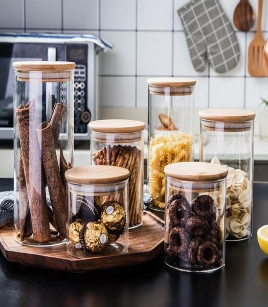 Food Savers Klarglas-Vorratsdosen für Lebensmittel mit luftdichtem Bambus-Holzdeckel für Mehl, Zucker, Süßigkeiten, Kekse. 5159436