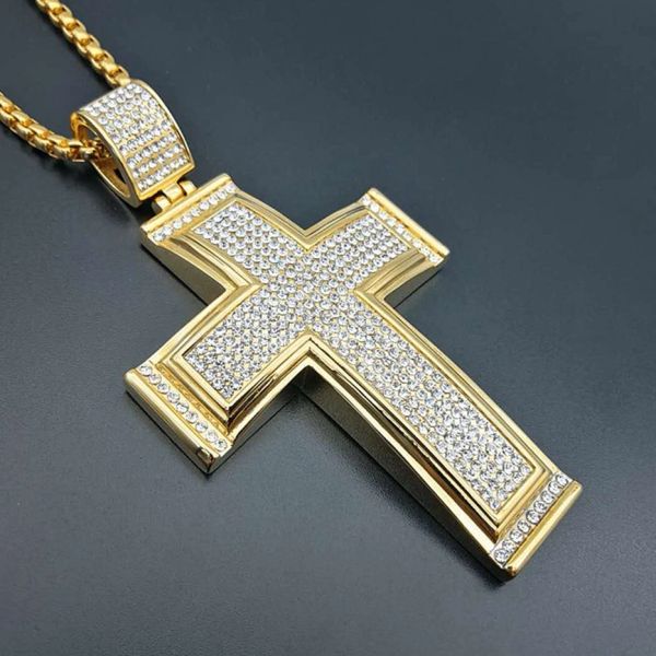 Collana con pendente a croce grande ghiacciato Hip Hop per uomo Collana con strass in oro giallo 14k Gioielli cristiani Hiphop