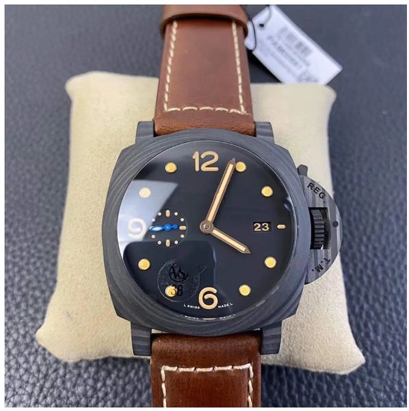 VS factory Pam661 Orologi subacquei 9001 Movimento meccanico Cassa in fibra di carbonio da 44 mm Cinturino in pelle Vetro zaffiro Orologio impermeabile super luminoso