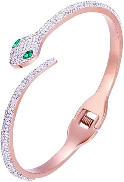 Hosby pulseira banhada a ouro rosa, aço inoxidável, cristal, zircão, fivela aberta, elegante, formato de cobra, pulseira para mulheres, adolescentes e meninas