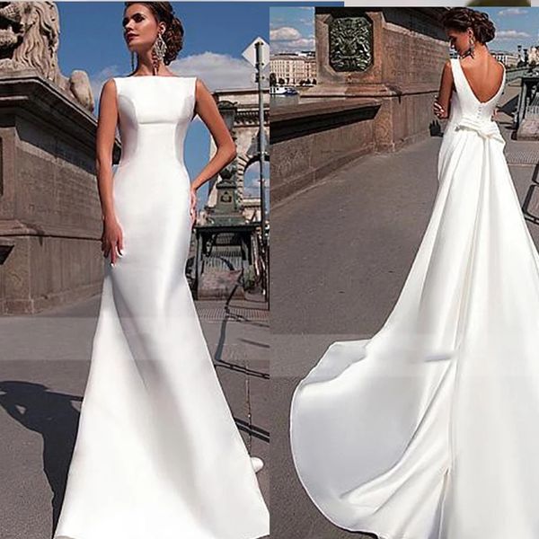 Elegantes Meerjungfrau-Hochzeitskleid für Frauen 2023, weiß, abnehmbar, einfacher Zug, rückenfrei, Satin, nach Maß, Brautkleid, Robe Re Mariee