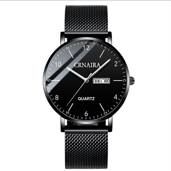 Crnaira preto malha de aço banda quartzo relógios masculinos calendário luminoso relógio grande três mãos casual negócios elegante homem pulso watches258t