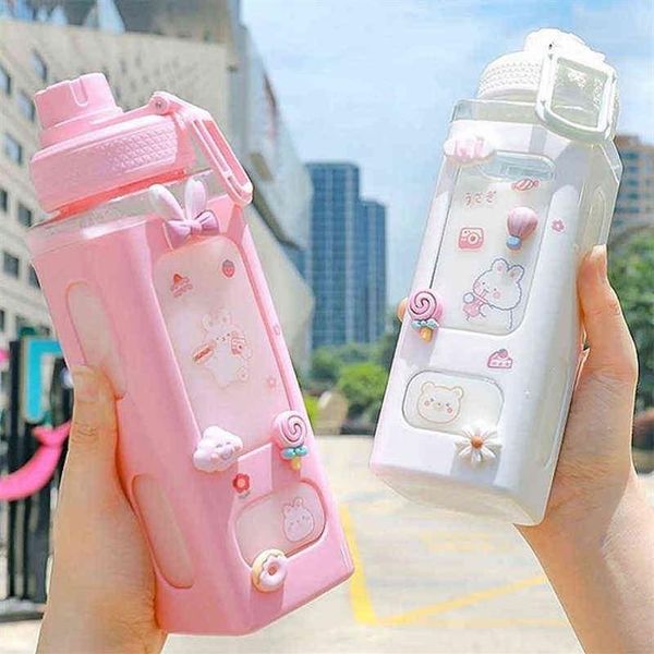 Kawaii Bär Pastell Wasserflasche mit 3D-Aufkleber 700 ml 900 ml Kunststoff Reise Tee Saft Milch tragbare süße Shaker Trinkflasche Geschenk Y195G