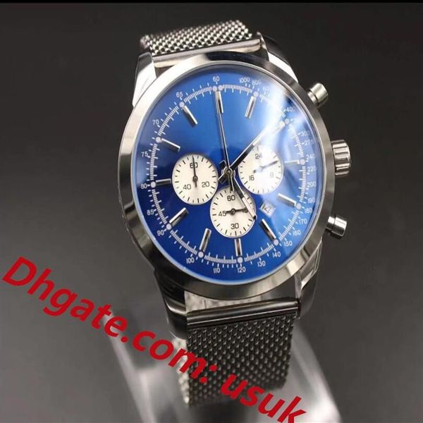 3A Qualität Herrenuhren 44 MM Edelstahl Quarzuhr Für Männer Blaues Zifferblatt Analog Chronograph Armbanduhr Super Leuchtende Uhr ori276Y