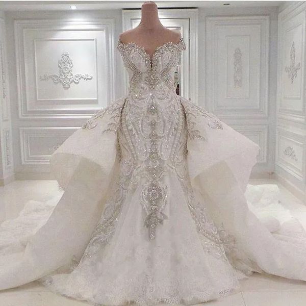 Stunningbride 2024 retrato brilhante cristal strass sereia vestidos de casamento fora do ombro rendas overskirts vestidos de noiva branco marfim