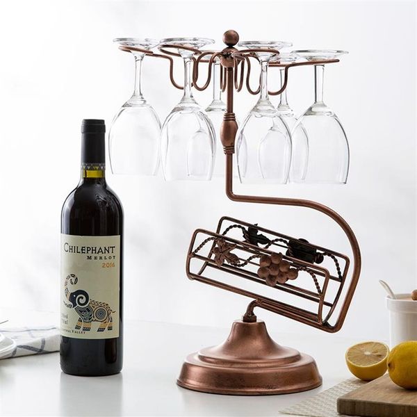 Portabottiglie in metallo Portabicchieri da vino da appoggio - supporto 1 bottiglia Portabottiglie per vino con 6 portabicchieri Regalo di Natale ideale per Wi2320