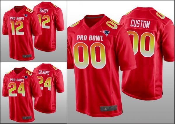 New England''Patriots''Men 12 Tom Brady 24 Stephon Gilmore Custom Women Youth AFC Gioco Maglia rossa Pro Bowl