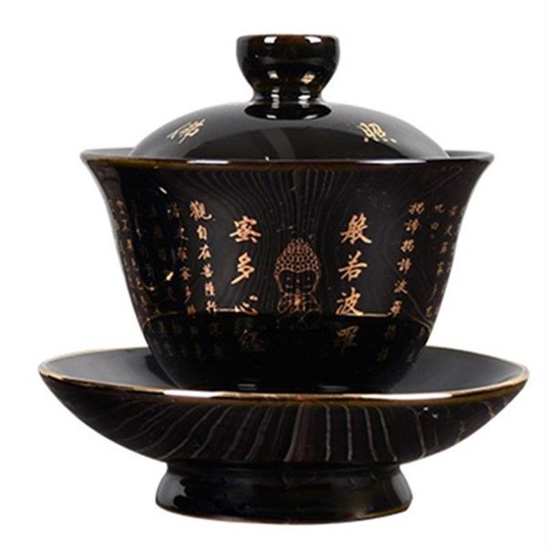Seramik Zen Gaiwan Buddha Sır Porselen Çay Tureen Mavi ve Siyah Renk Yaratıcı Vintage Kung Fu Bowl Cup ve Saucer299V