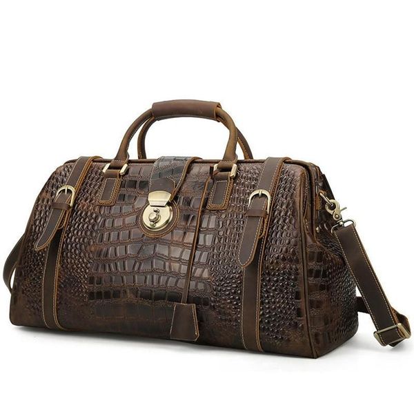 Duffel Bags Vintage Crazy Horse Orijinal Deri Erkek Seyahat Çantası Büyük Kapasiteli Timsah Duffle Bagaj Bolsa Taşınması Gecikme