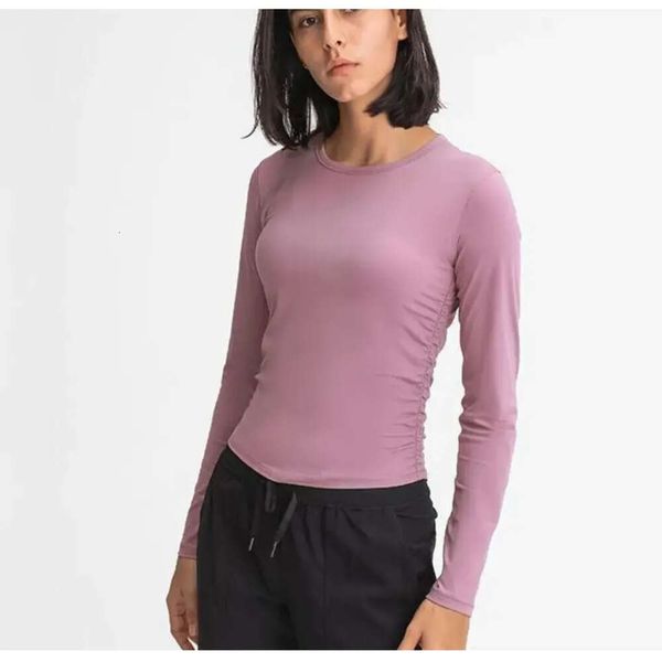 Vita laterale Elastico antirughe Sport Manica lunga Yoga Top Pelle sottile Sensazione nuda Tinta unita Abito casual Camicia Abbigliamento da palestra Donna 688ss moda