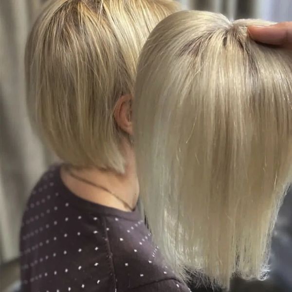 Wigs de renda cor #613 Light Blonde Human Topper com clipes em peças de cabeceira de pele de seda de seda Toupee de cabelo virgem para mulheres 231208