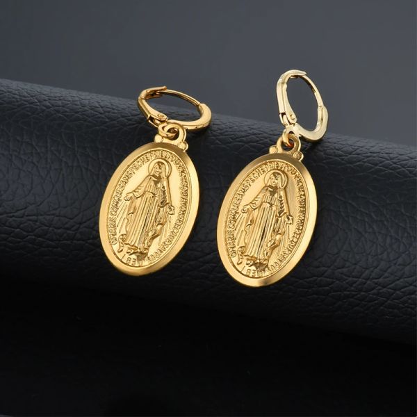 Orecchini da donna Orecchini pendenti a goccia in oro giallo 14k con croce della Vergine Maria per le donne Orecchini da donna Gioielli religiosi cristiani Brincos