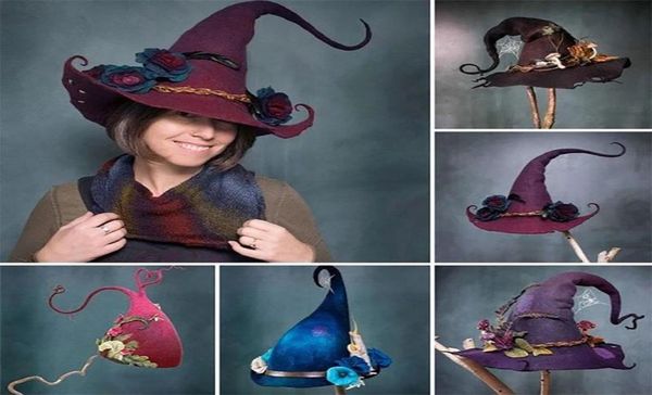 Cappelli a tesa larga Cappello da strega Halloween Festa di Pasqua Feltro Cappelli da strega Donne calde a punta Autunno Puntelli Cap Halloween Inverno Decor Cosplay6452327