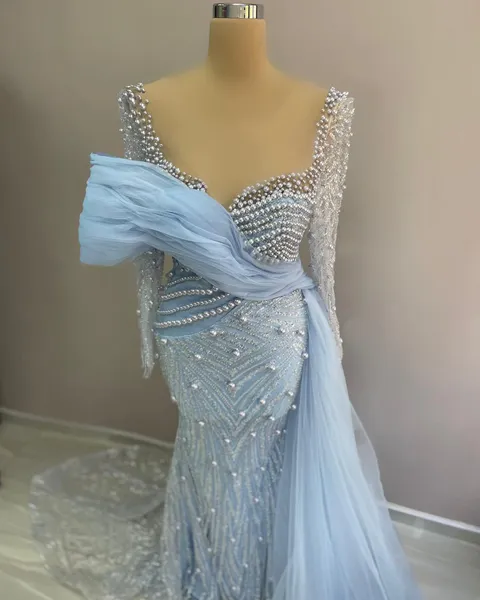 2023 Nov Aso Ebi Arabo Azzurro cielo Sirena Abiti per la madre della sposa Paillettes Pizzo Sera Prom Festa formale Compleanno Celebrità Abiti per la madre dello sposo Abito ZJ040