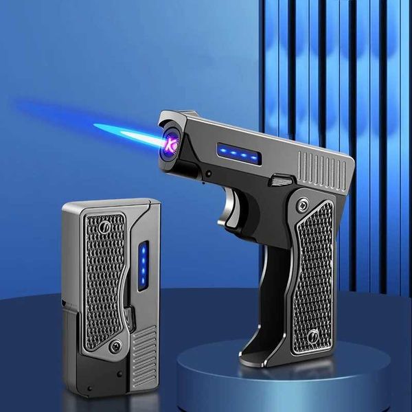Jet Kein Gas Fackel Feuerzeug Pistole Metall Kreative Falten Elektrische Plasma Butan Flamme Winddicht Wiederaufladbare USB Dual Arc