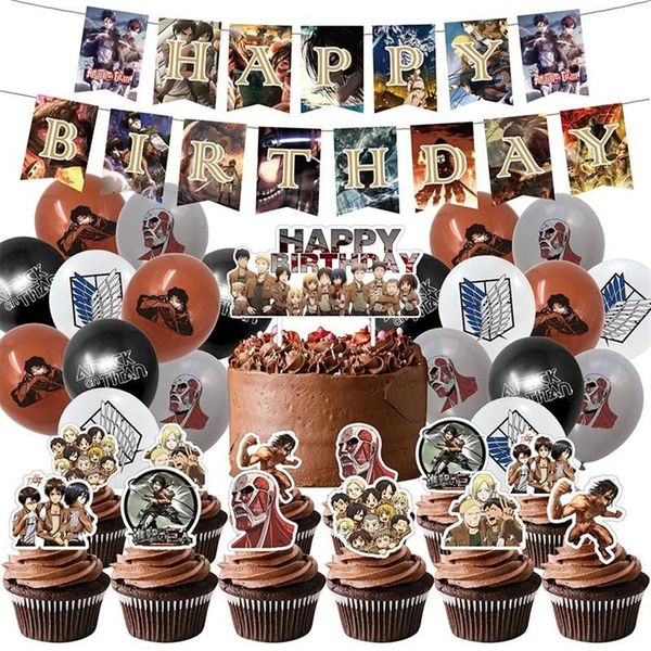 Party Dekoration 1Set Angriff auf Titan Luftballons Anime Fans Cartoon Banner Alles Gute zum Geburtstag Flaggen Kuchen Topper Dekor Supplies1909