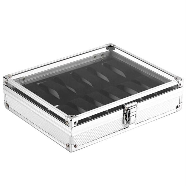 Nützliche Aluminium-Uhrenbox mit 12 Gitterschlitzen, Schmuckuhren-Display, Aufbewahrungsbox, quadratisches Gehäuse, Wildleder innen, rechteckiger Uhrenhalter300Q