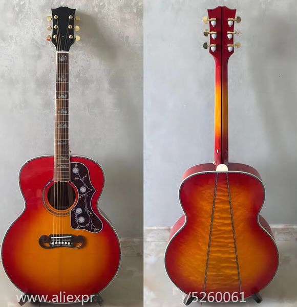 Finch Eye Maple kenarları ve arka, katı ladin üstü, yüksek kaliteli jumbo akustik gitar, kiraz kırmızısı