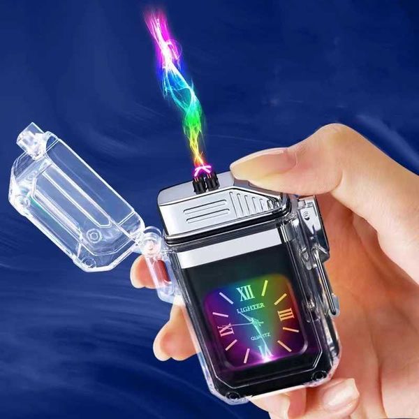 Transparente Flash Pulse Elektronische Feuerzeug Wasserdichte Uhr Dual Arc Wiederaufladbare USB Rauchen Zubehör Gadgets Für Männer