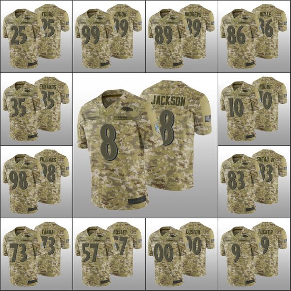 Baltimore''ravens'''Men 8 Lamar Jackson 9 Justin Tucker 89 Andrews Özel Kadınlar Gençlik Selamına Servis Camo Limited Jersey