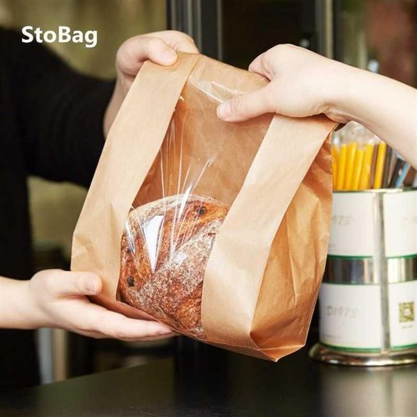 Stobag 50pcs papel kraft com janela sacos de embalagem de pão à prova de óleo café da manhã suprimentos festa comida brinde claro comemorar 2106206d
