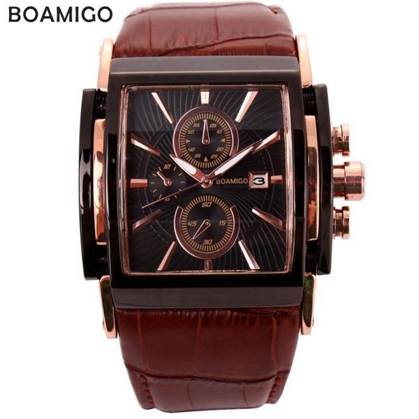 Boamigo Orologi al quarzo da uomo Quadrante grande Orologi sportivi casual di moda Orologi sub quadranti in oro rosa Orologio da polso maschile in pelle marrone Y192654