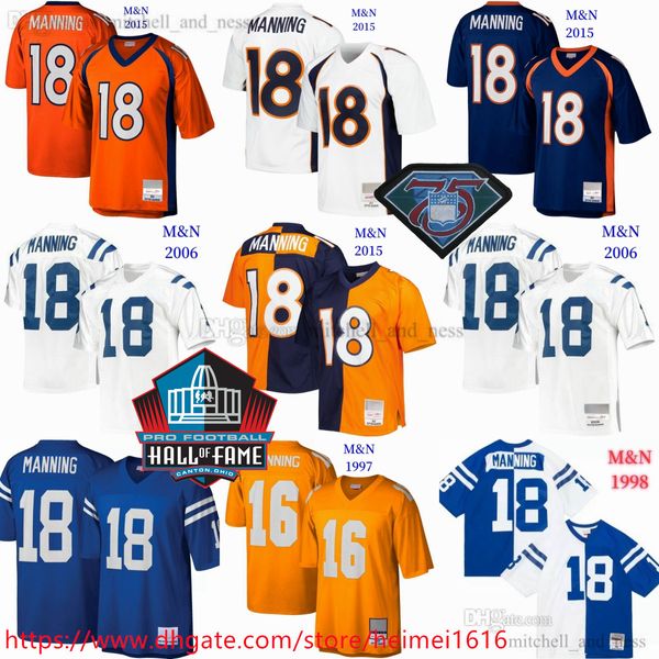 Hall of Fame Retrocesso Futebol 18 Peyton Manning Jersey Clássico 2005 Vintage 1998 Stitch Retro Jerseys Respirável Camisas Esportivas 75º Patch Clássico Peyton Manning