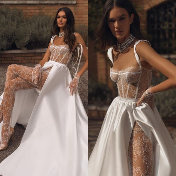 Berta Abiti da sposa in pizzo A Line per la sposa Cinghie Gonne oversize in raso Abito da sposa Corpetto in osso Abiti da sposa firmati con spacco della coscia