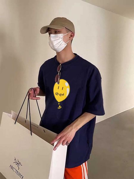 Camisetas masculinas da marca Drew Balloon com estampa de rosto sorridente em torno do pescoço camiseta de manga curta para casais com ajuste solto de algodão puro meia manga