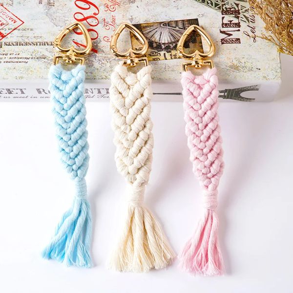 Boêmio mão-tecido chaveiros retro corda de algodão borla macrame pingente chaveiros bolsas femininas pendurado ornamentos decorações