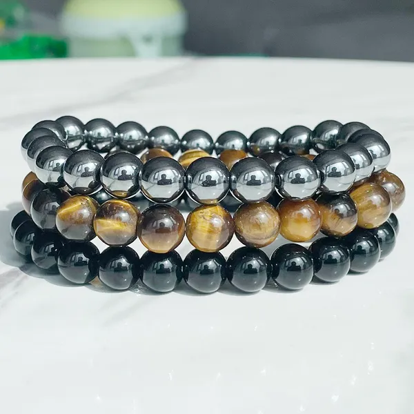 MG2033 8 MM Olho de Tigre Hematita Preto Onyx Pulseira Conjunto Masculino Mulheres Pedras Preciosas Naturais Frisadas Jóias Energéticas