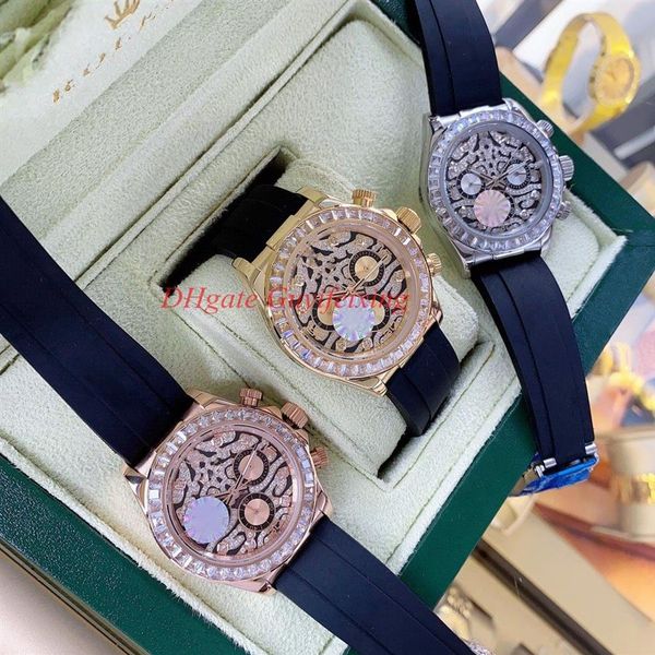 En Kaliteli Erkekler 116588 TBR 116598 18K Tiger Diamond Watch Cosmograph Rubber Band Otomatik Kolluluğu No C258E