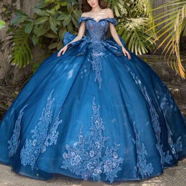 Azul brilhante doce 16 vestidos quinceanera lantejoulas rendas apliques fora do ombro vestido de baile vestido de 15 anos rendas