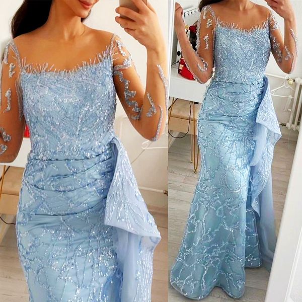 Nov Aso 2023 Ebi Arabic Light Sky Blue Mermaid The Bride Dresses Sheer Neck Evening Prom Party Formale Birthday Celegion